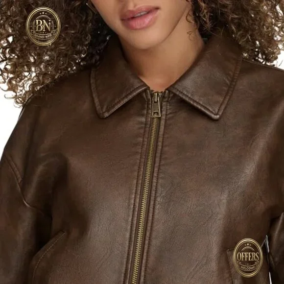 Faux Leather Bomber Jacket with Laydown Collar and Adjustable Cuffs